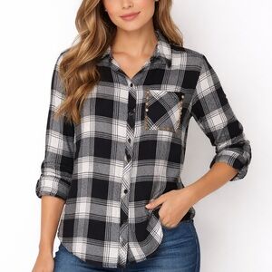 ARIZONA JEAN CO Black and White Plaid Studded Pocket Button Down Shirt Latge